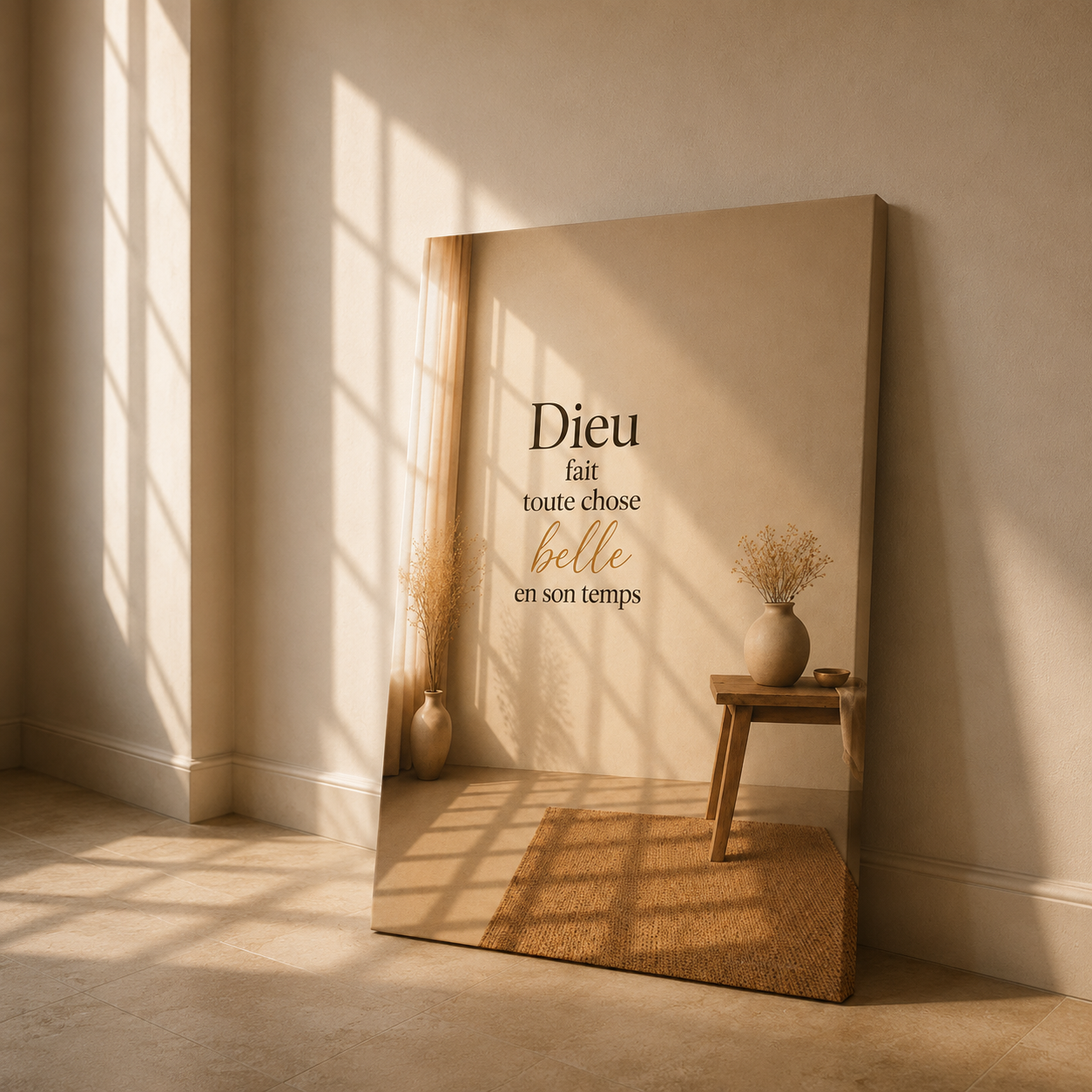 Tableau minimaliste posé contre un mur dans un intérieur moderne