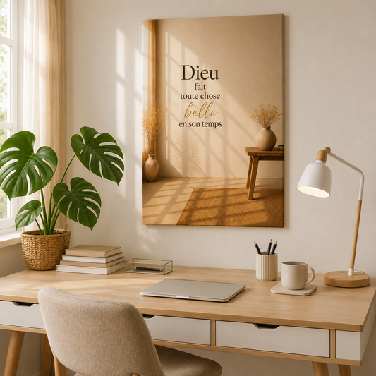Tableau minimaliste en face d'un bureau dans une pièce lumineuse
