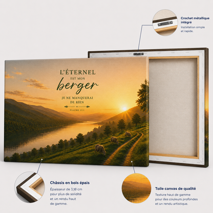 Détails d'un tableau psaume 23 avec toile canvas premium, châssis en bois épais et crochet métallique intégré
