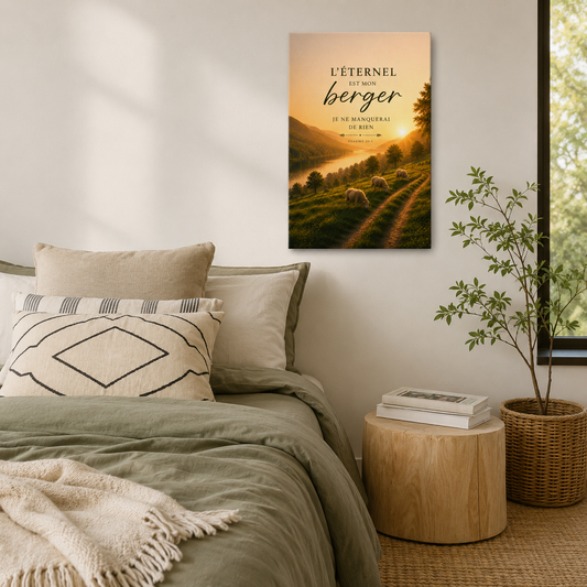 Tableau psaume 23  vertical dans chambre cosy lumineuse