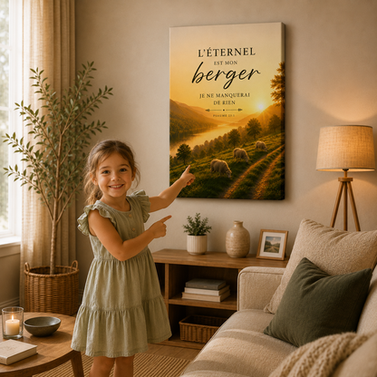 Tableau psaume 23 dans salon beige et vert face une petite fille joyeuse