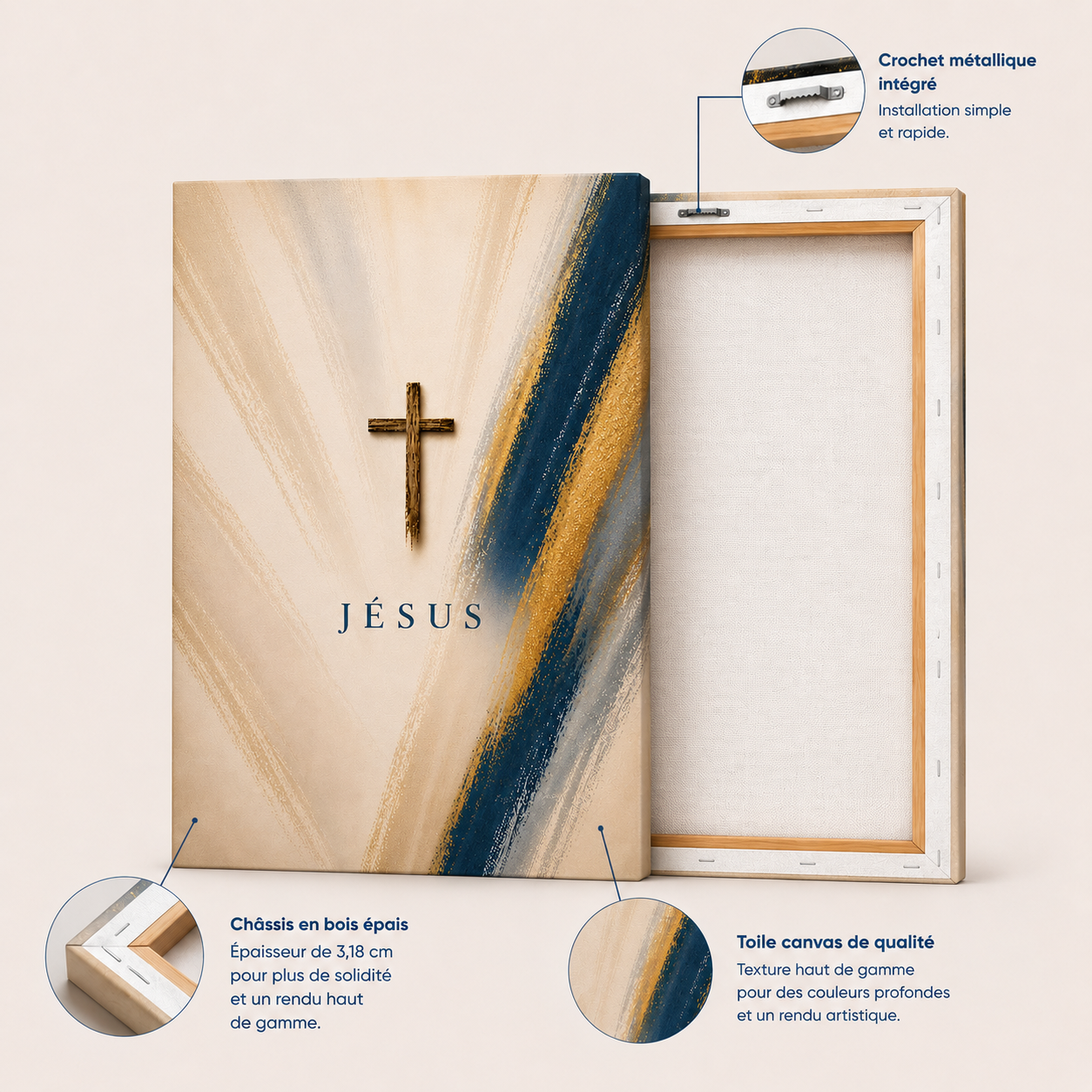 Détails d'un tableau religieux avec toile canvas premium, châssis en bois épais et crochet métallique intégré