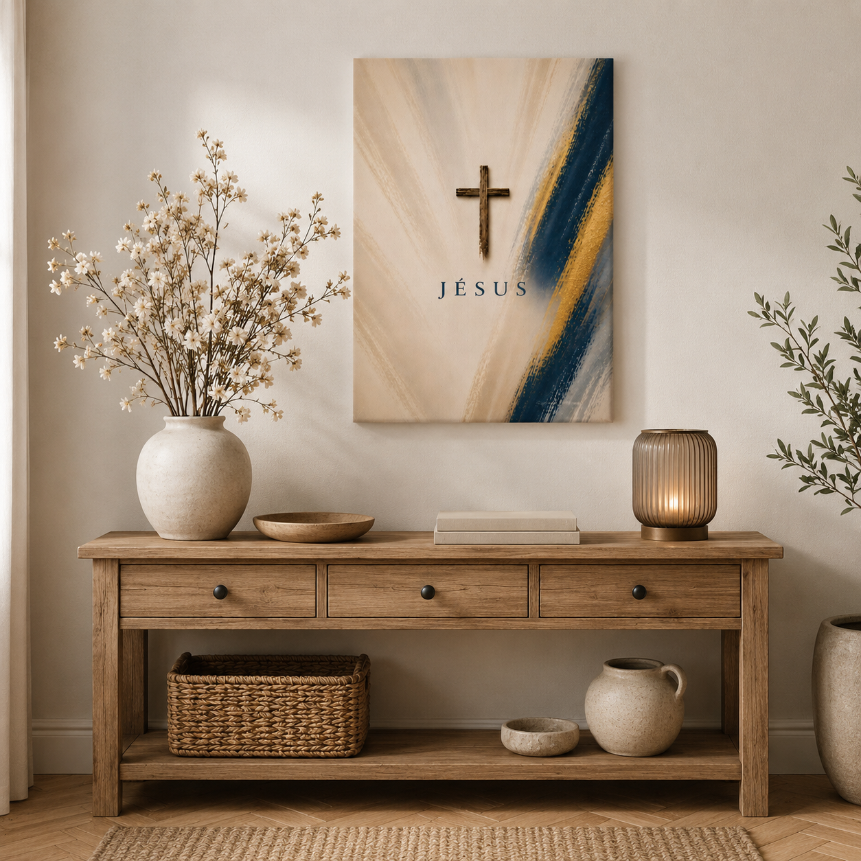 Tableau vertical religieux dans coin salon en bois