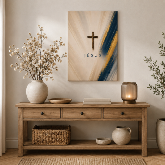 Tableau vertical religieux dans coin salon en bois
