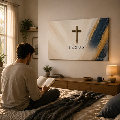 Homme admirant lisant la bible en face d'un tableau chrétien Jésus dans une chambre
