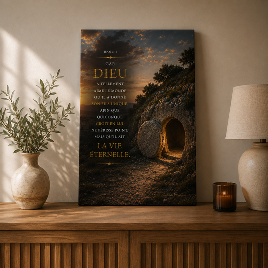 Tableau résurrection de jesus posé sur un meuble en bois dans un salon