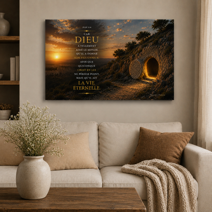Tableau horizontal résurrection de jésus en haut du canapé dans salon