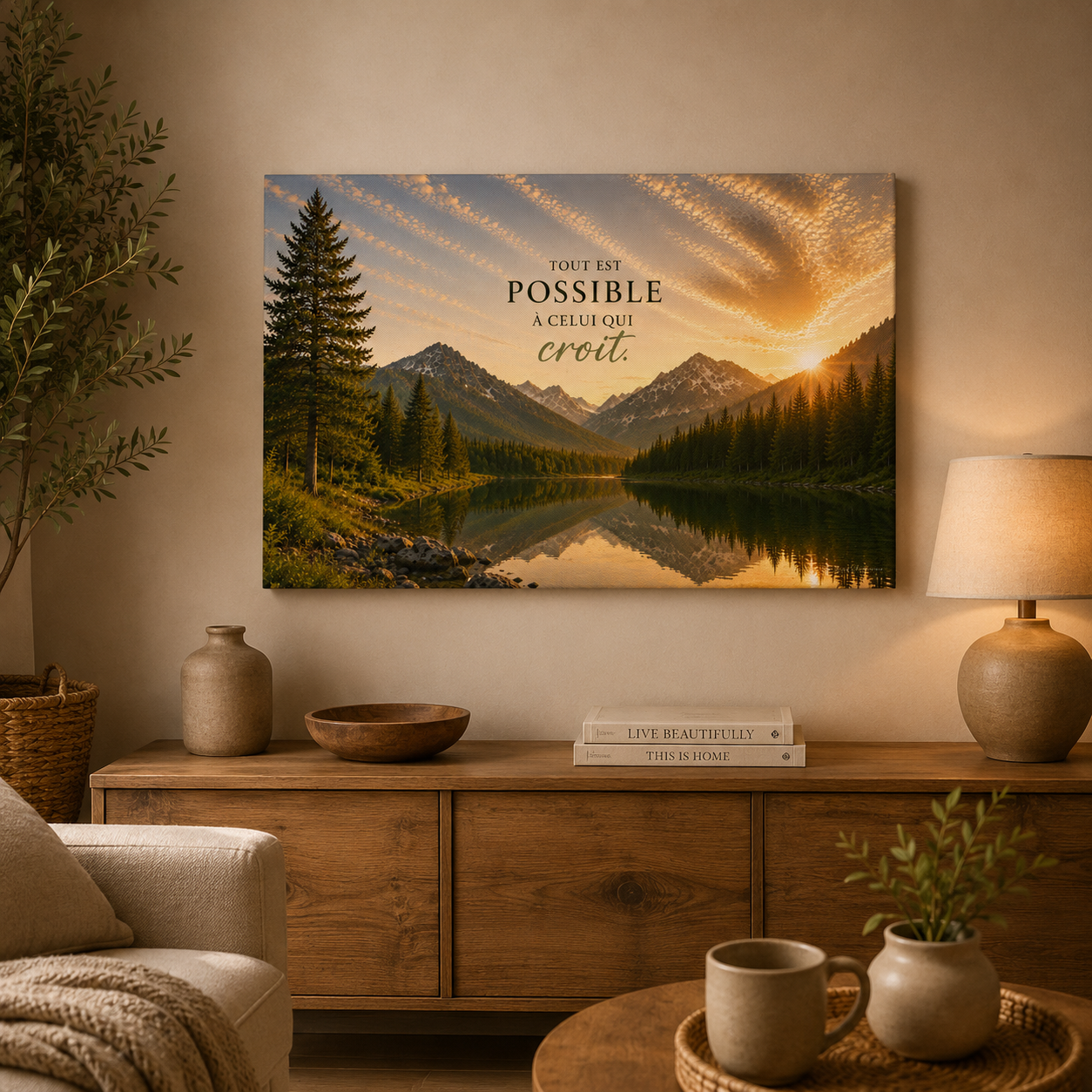 Tableau spirituel horizontal dans coin salon