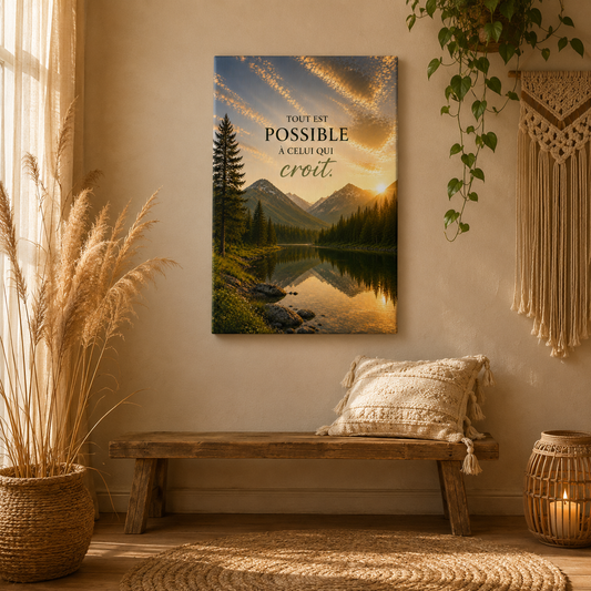 Tableau spirituel vertical dans coin salon lumineux bohème