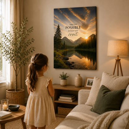 Tableau spirituel vertical dans un salon avec une petite fille qui contemple le tableau