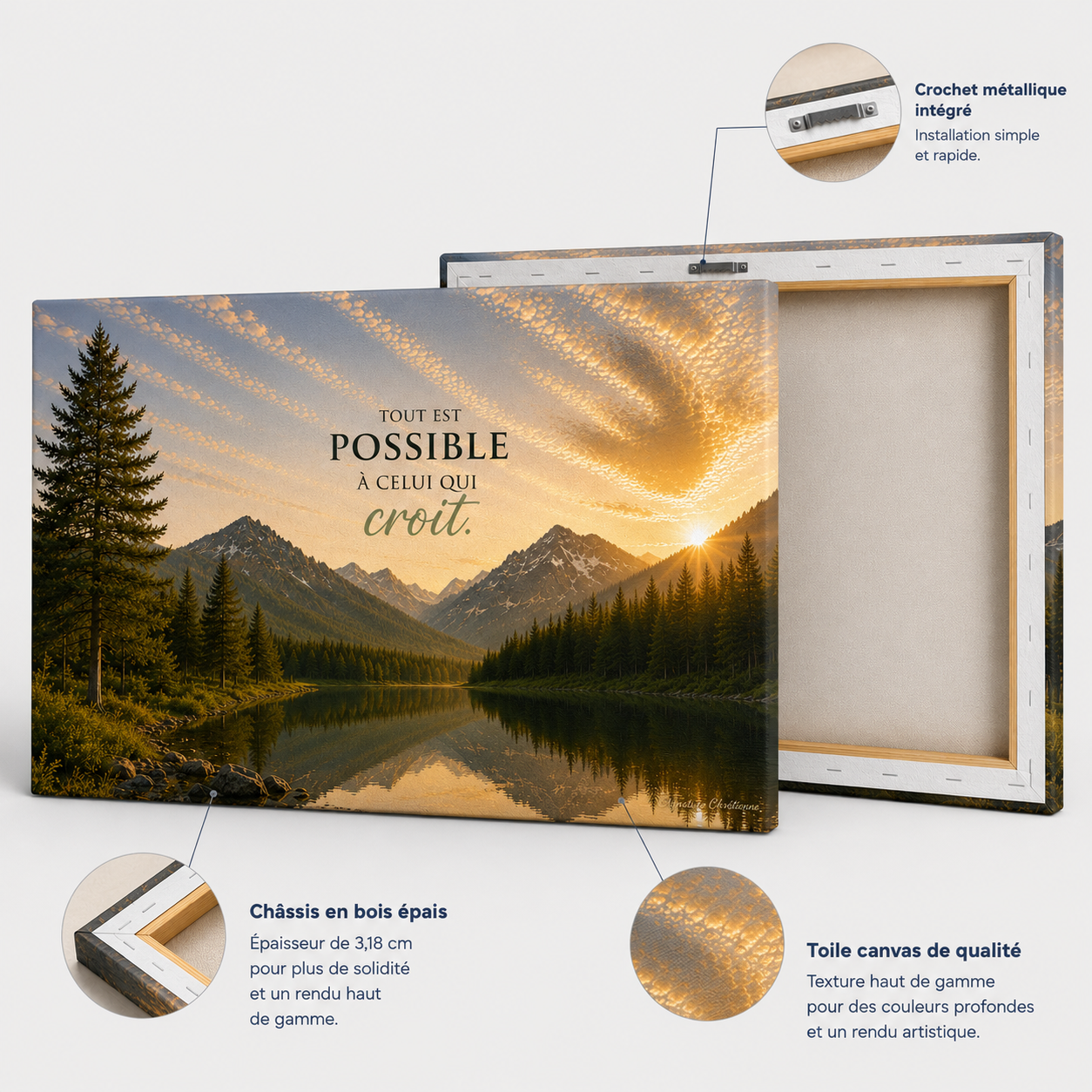 Détails d'un tableau spirituel avec toile canvas premium, châssis en bois épais et crochet métallique intégré