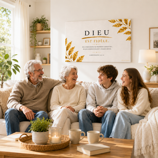 Famille qui sourit dans un salon moderne avec le tableau verset biblique à l'arrière