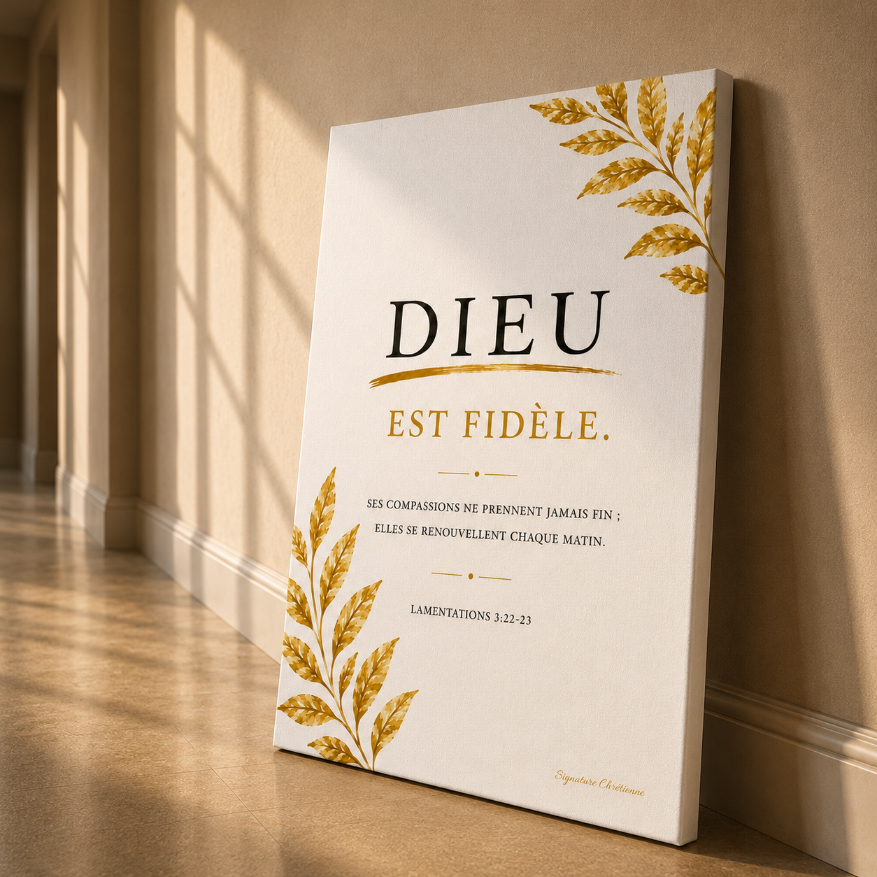 Tableau verset biblique posé contre un mur dans un couloir moderne