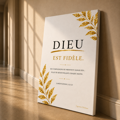 Tableau verset biblique posé contre un mur dans un couloir moderne