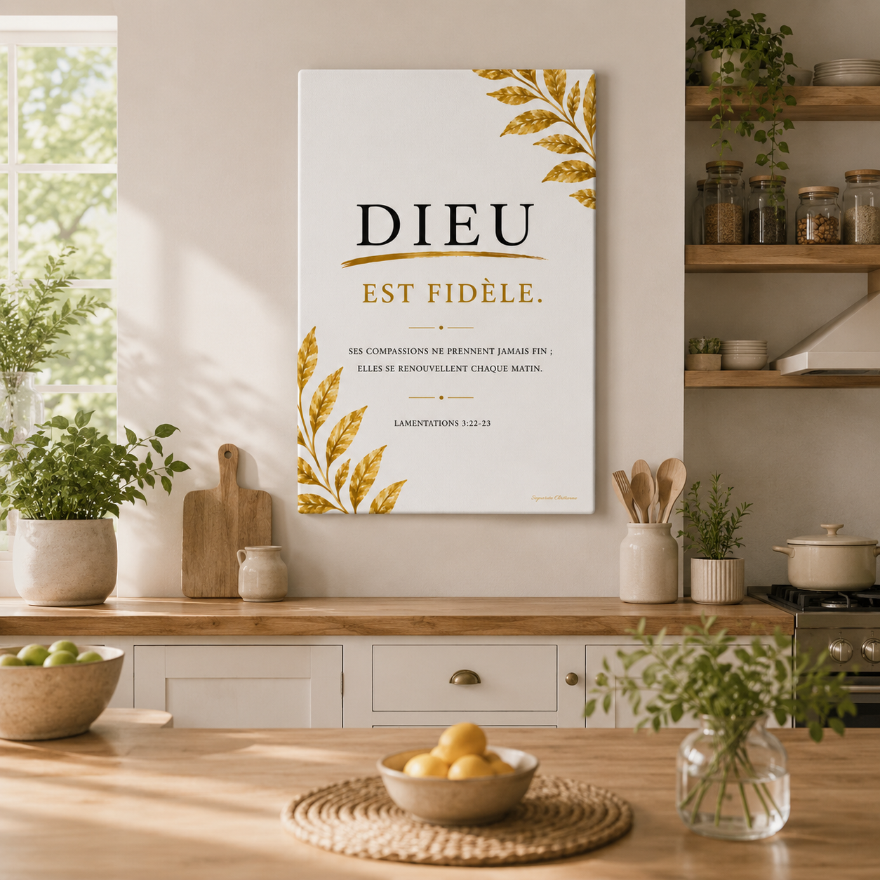 Tableau vertical verset biblique dieu est fidèle dans un cuisine lumineuse