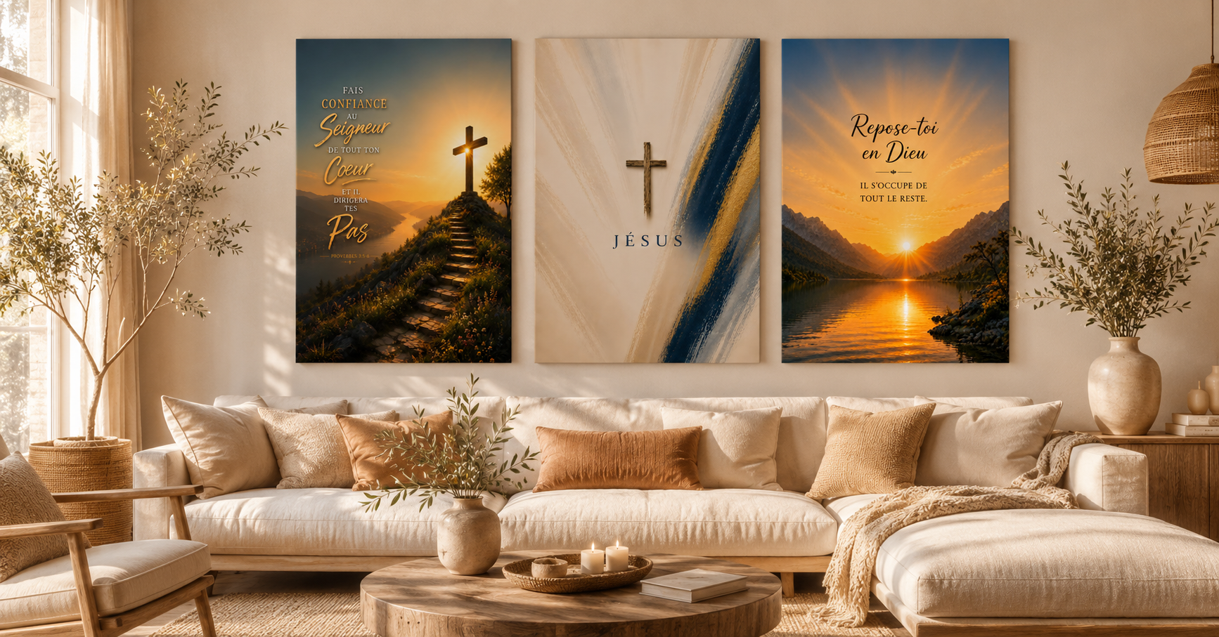 Trois tableaux chrétiens dans un salon moderne avec décoration murale inspirée de la Bible