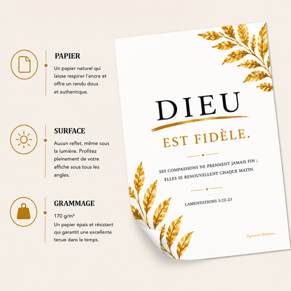 Affiche verset biblique « Dieu est fidèle » inspirée de Lamentations 3:22-23 avec présentation du papier mat premium, surface sans reflet et grammage 170 g/m²