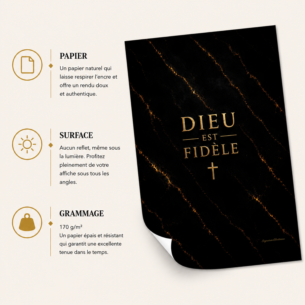 Affiche marbre Dieu est fidèle sur fond marbre noir et doré avec croix chrétienne, imprimée sur papier mat premium sans reflet