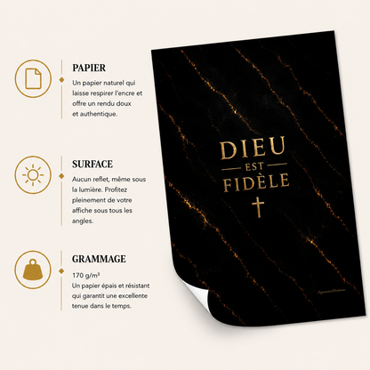 Affiche marbre Dieu est fidèle sur fond marbre noir et doré avec croix chrétienne, imprimée sur papier mat premium sans reflet