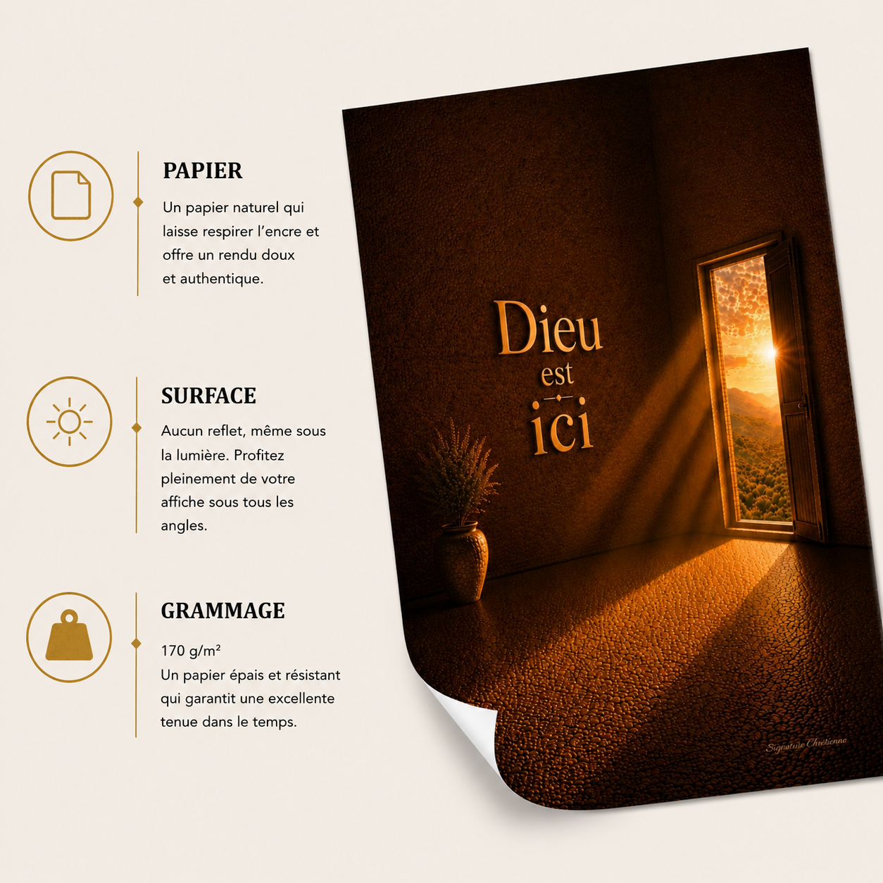 Affiche chrétienne « Dieu est ici » avec porte ouverte, lumière céleste et atmosphère de paix représentant la présence divine