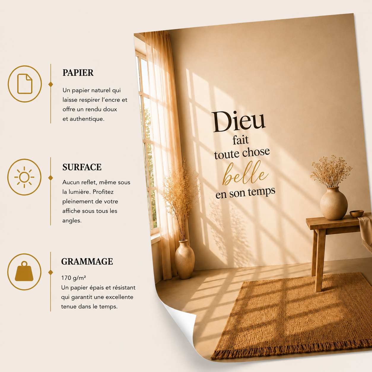 Affiche minimaliste « Dieu fait toute chose belle en son temps » dans un intérieur lumineux et chaleureux, décoration murale inspirée de la foi chrétienne