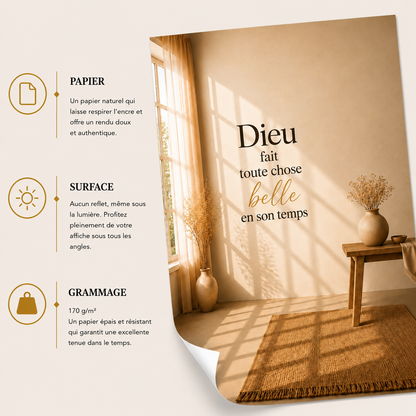 Affiche minimaliste « Dieu fait toute chose belle en son temps » dans un intérieur lumineux et chaleureux, décoration murale inspirée de la foi chrétienne
