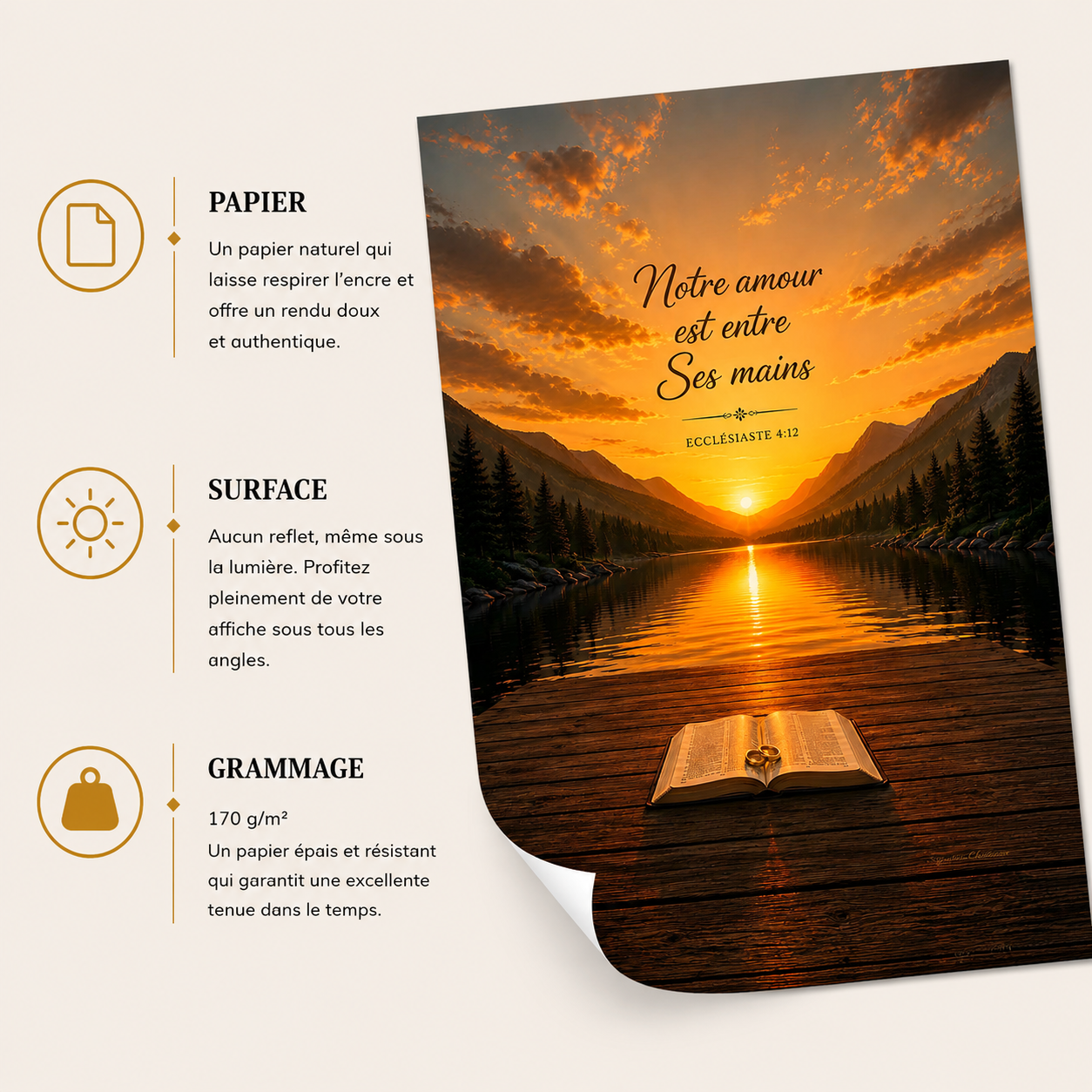 Affiche des noces de mariage avec Ecclésiaste 4:12 « Notre amour est entre Ses mains » avec présentation du papier mat premium, surface sans reflet et grammage 170 g/m²