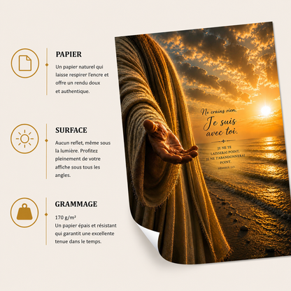 Affiche main de dieu avec Hébreux 13:5 « Ne crains rien, Je suis avec toi » avec présentation du papier mat premium, surface sans reflet et grammage 170 g/m²