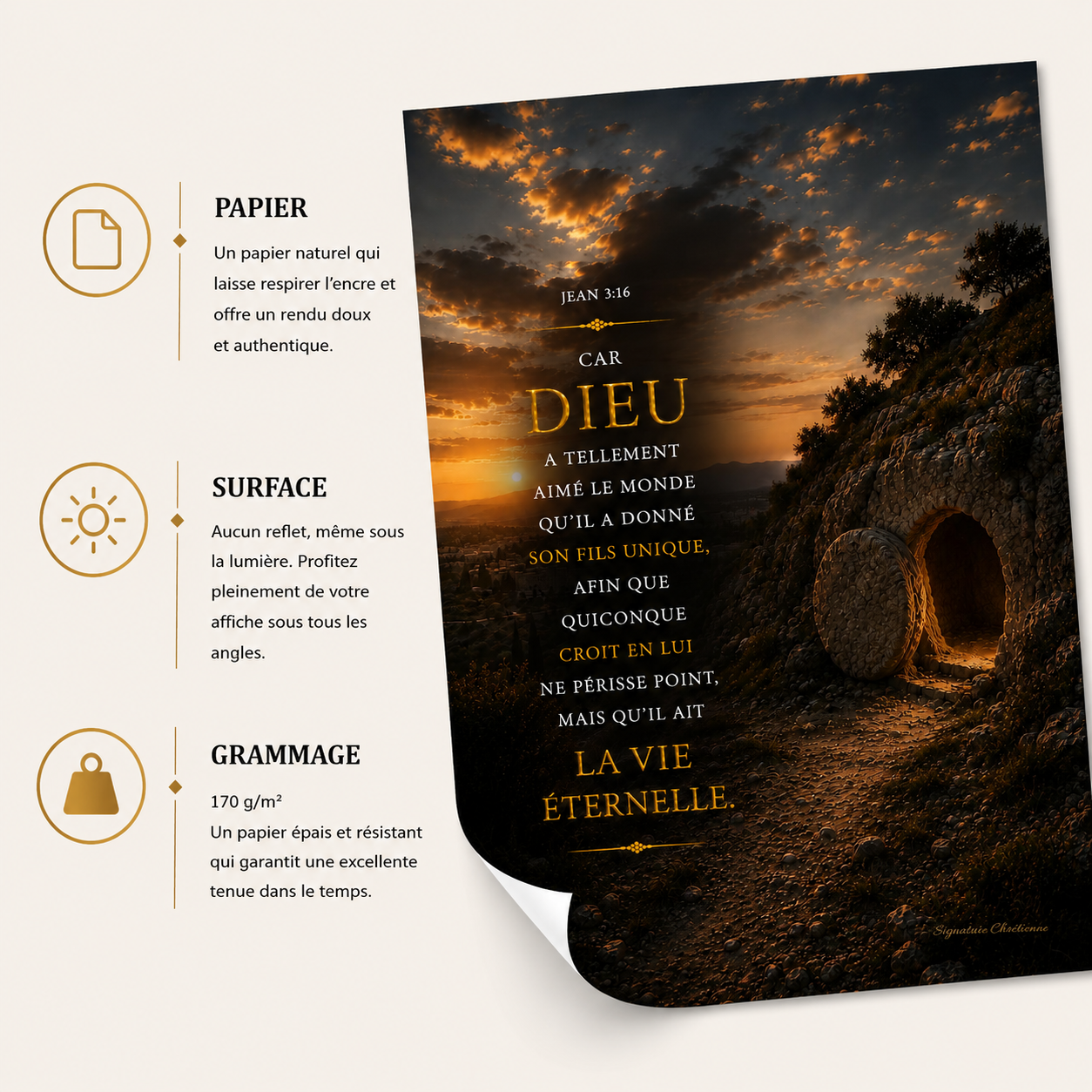 Affiche Résurrection de Jésus avec Jean 3:16, tombeau vide et message d'espérance sur la vie éternelle en Jésus-Christ.