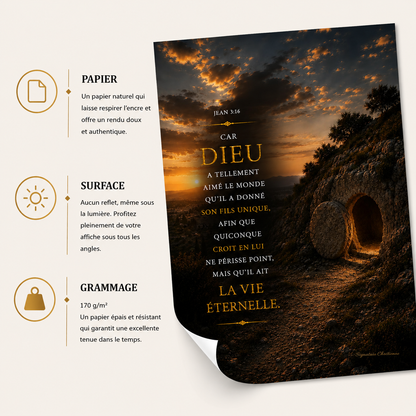 Affiche Résurrection de Jésus avec Jean 3:16, tombeau vide et message d'espérance sur la vie éternelle en Jésus-Christ.