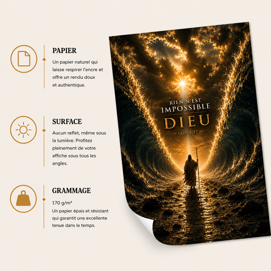 Affiche biblique Luc 1:37 « Rien n’est impossible à Dieu » avec présentation des caractéristiques du papier mat premium, surface sans reflet et grammage 170 g/m²