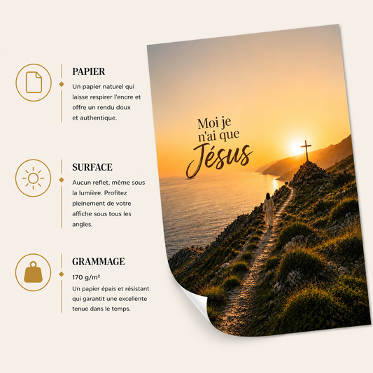 Affiche jésus « Moi je n’ai que Jésus » avec chemin vers la croix, paysage côtier et lumière du coucher du soleil