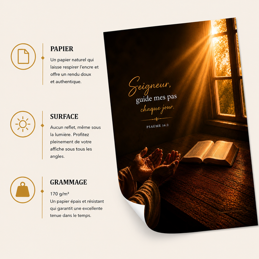 Affiche bible Psaume 16:2 « Seigneur, guide mes pas chaque jour » avec présentation du papier mat premium, surface sans reflet et grammage 170 g/m²