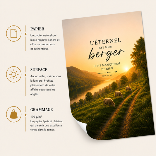 Affiche chrétienne Psaume 23:1 « L'Éternel est mon berger » avec présentation du papier mat premium, surface sans reflet et grammage 170 g/m²
