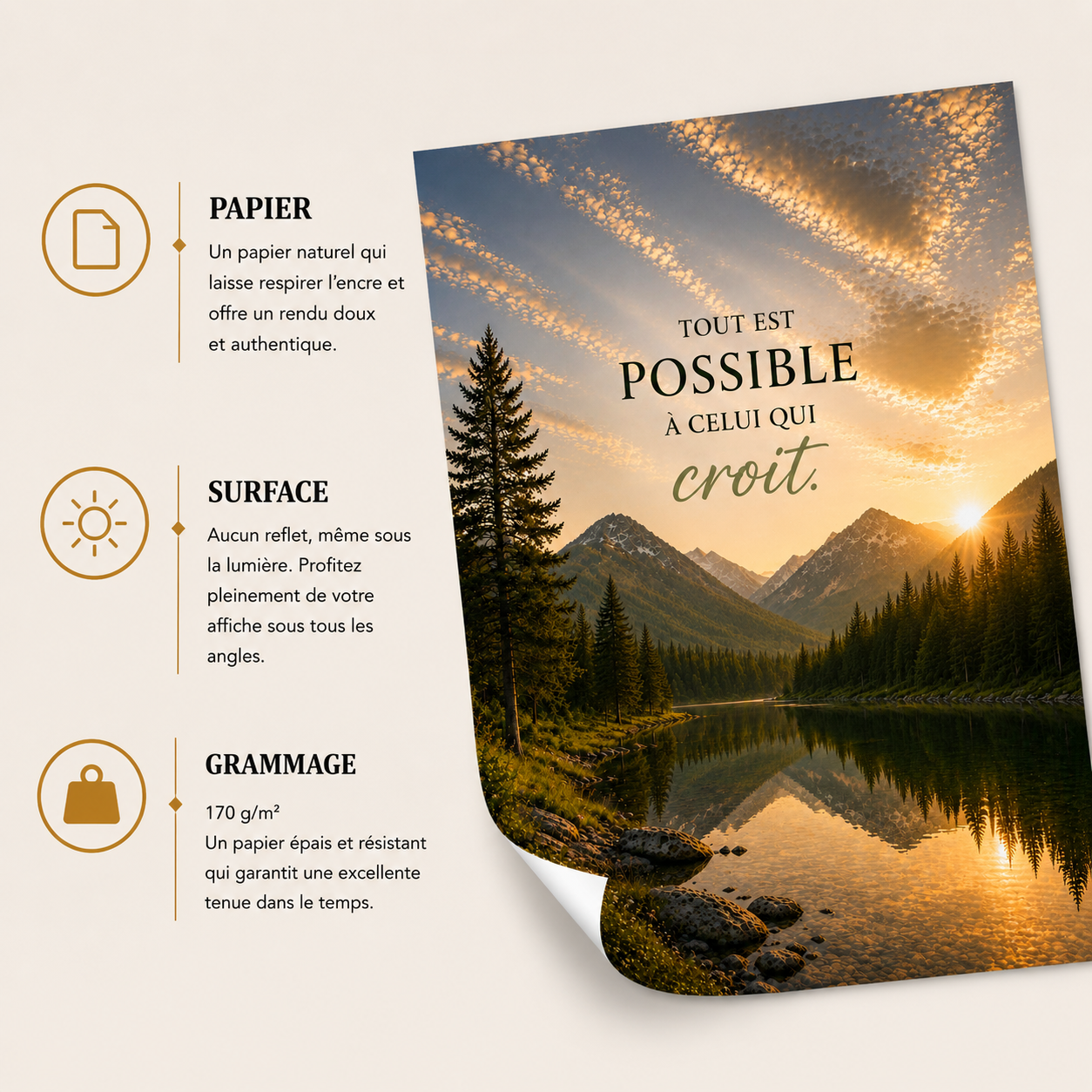 Affiche spirituelle « Tout est possible à celui qui croit » avec montagnes, lac paisible et lumière du soleil symbolisant la foi en Dieu