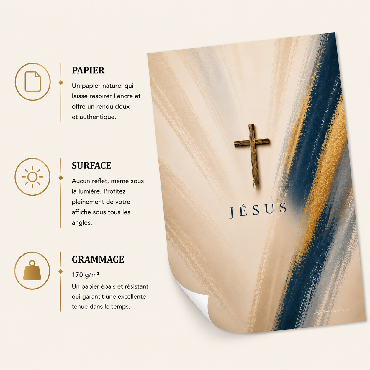 Affiche religieuse minimaliste représentant une croix en bois et le nom Jésus sur fond abstrait beige, bleu et doré imprimé sur papier mat premium