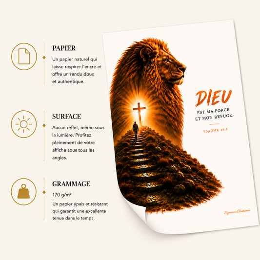 Affiche chrétienne Lion de Juda avec verset Psaume 46:1 « Dieu est ma force et mon refuge », illustration biblique premium sur papier mat