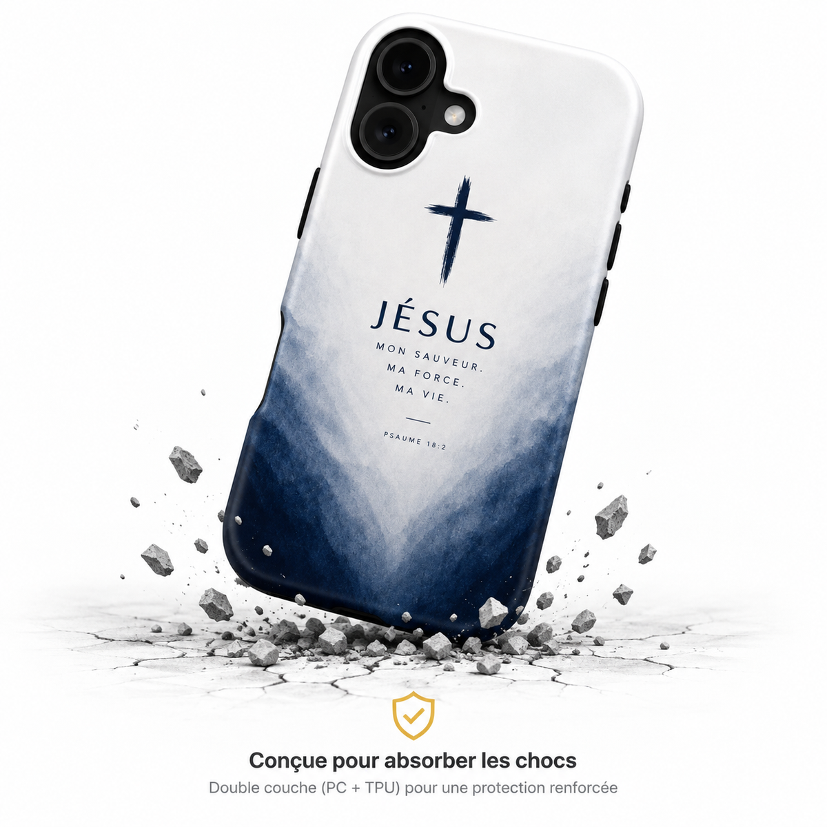Coque avec le message « Jésus, mon Sauveur, ma Force, ma Vie ».