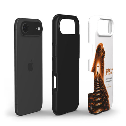 Vue éclatée d'une coque de téléphone chrétienne avec coque extérieure en PC rigide et intérieur en TPU souple pour une protection renforcée contre les chocs.