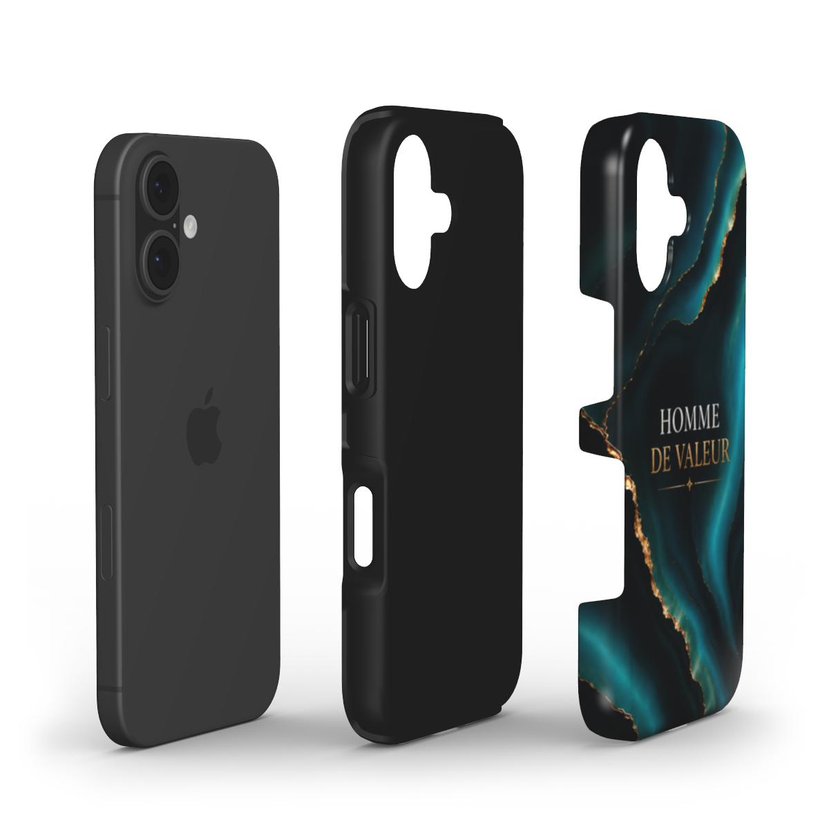 Vue éclatée d'une coque de téléphone chrétienne avec coque extérieure en PC rigide et intérieur en TPU souple pour une protection renforcée contre les chocs.