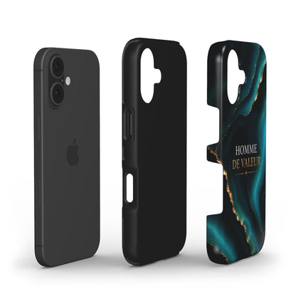 Vue éclatée d'une coque de téléphone chrétienne avec coque extérieure en PC rigide et intérieur en TPU souple pour une protection renforcée contre les chocs.