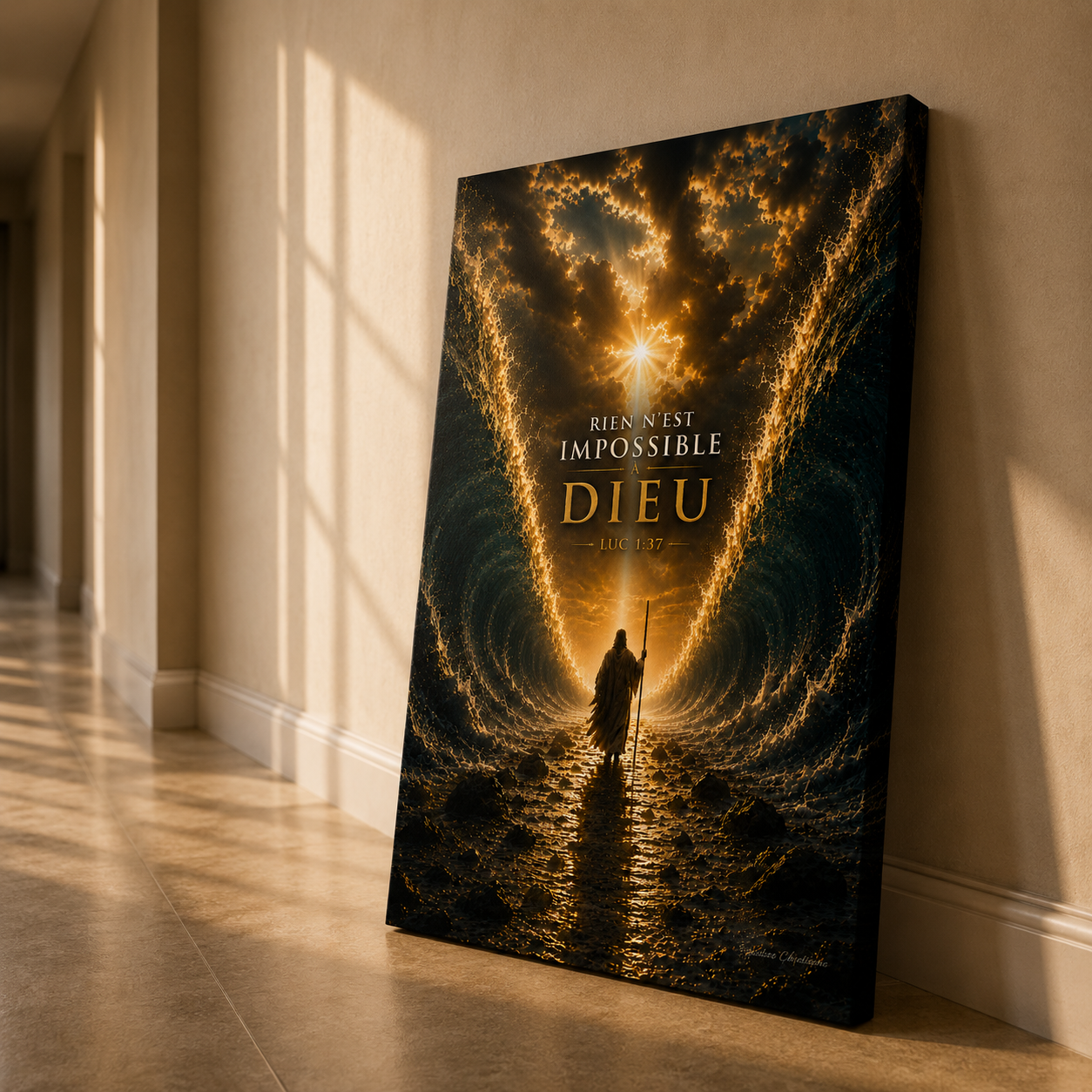 Tableau biblique posé contre un mur dans un couloir moderne