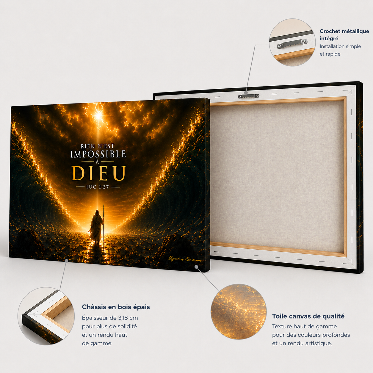 Tableau chrétien Rien n'est impossible à Dieu avec toile canvas et châssis en bois épais