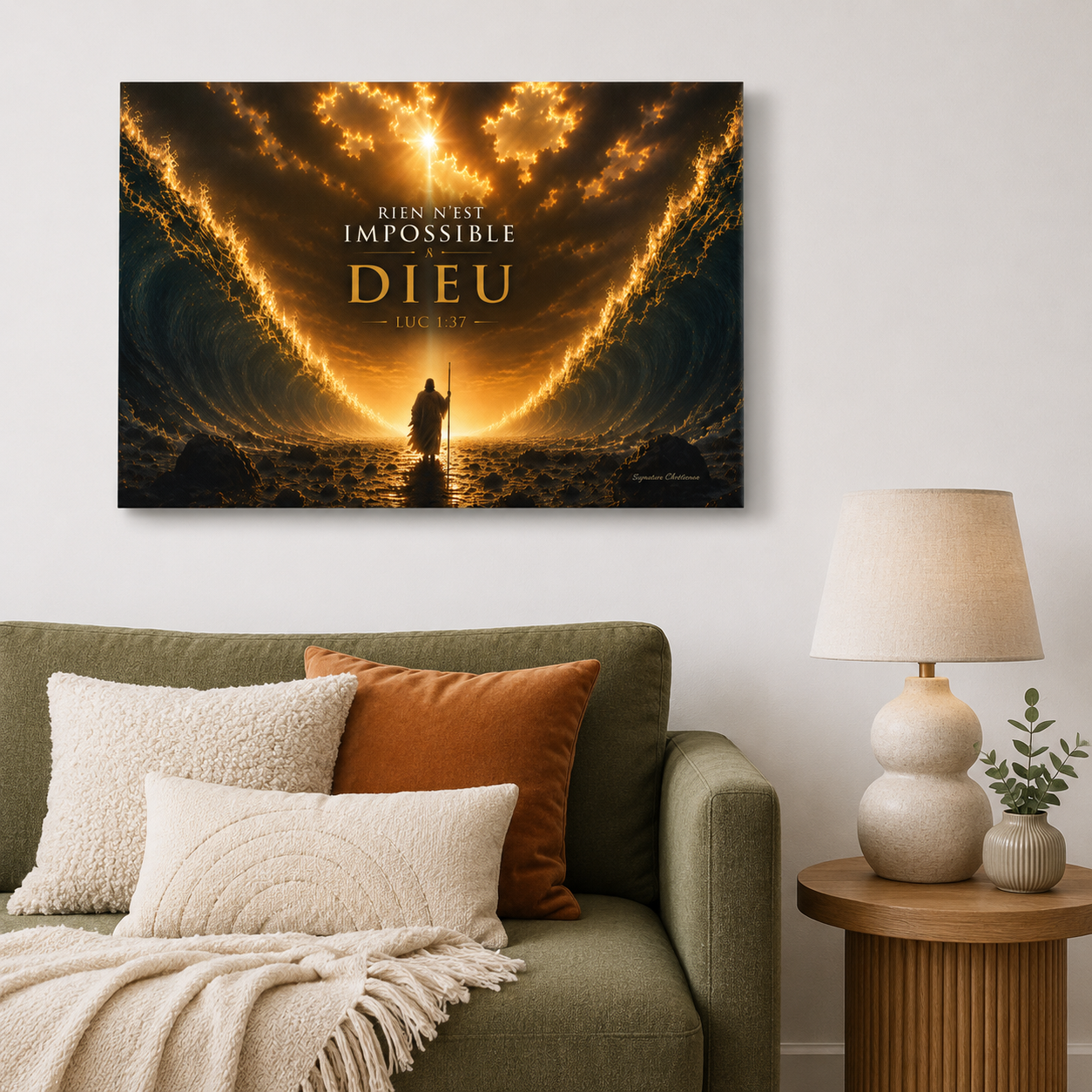 Tableau biblique dans un salon moderne avec décoration murale inspirée de la Bible