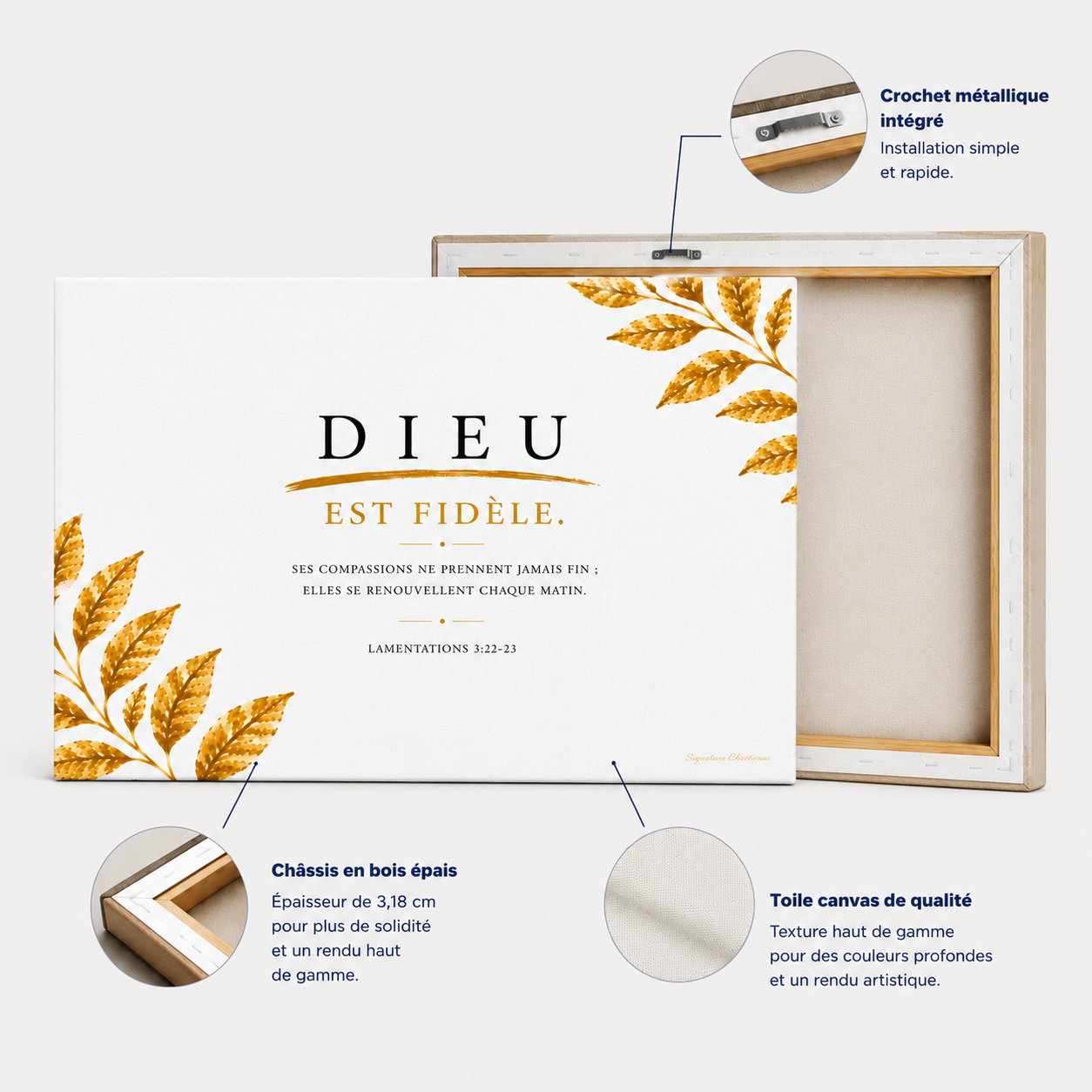 Détails d'un tableau verset biblique avec toile canvas premium, châssis en bois épais et crochet métallique intégré